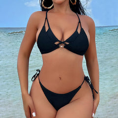 Chic Tie String Crinkled Cheeky Layer Triangle Brazilian Two Piece Bikini