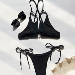 Chic Tie String Crinkled Cheeky Layer Triangle Brazilian Two Piece Bikini