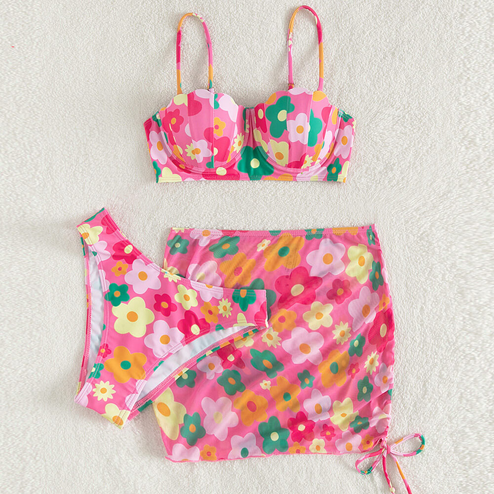 Colorful Floral Scalloped Underwire Brazilian Two Piece Bikini