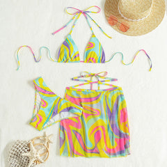 Colorful High Leg Cheeky Wrap Triangle Halter Brazilian Three Piece Bikini