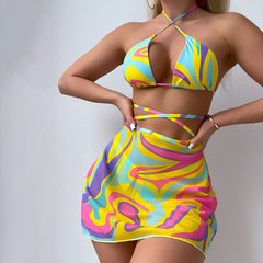 Colorful Print Cheeky Wrap Around Triangle Brazilian Three Piece Bikini