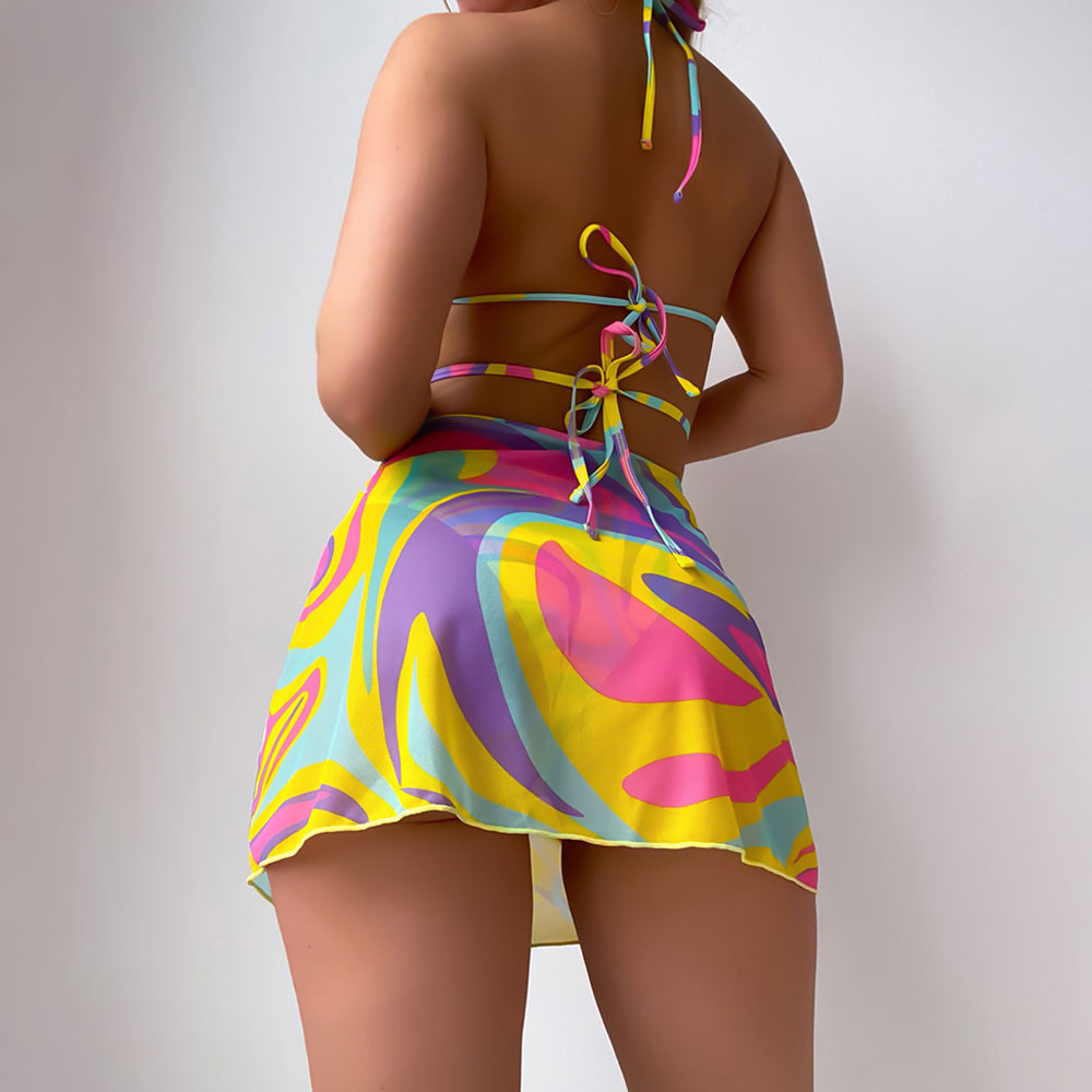 Colorful Print Cheeky Wrap Around Triangle Brazilian Three Piece Bikini