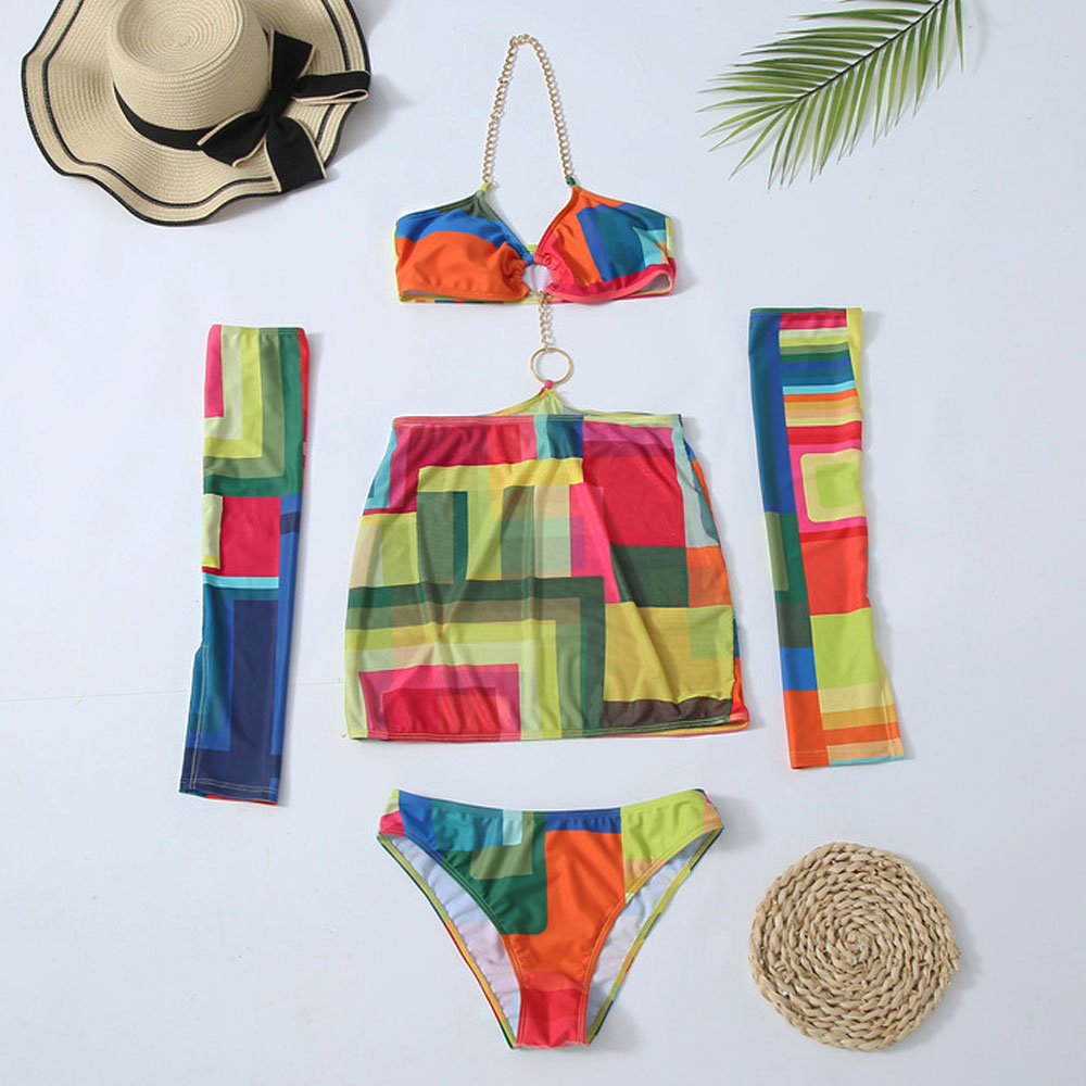 Colorful Print Glove O Ring Chain Trim Halter Brazilian One Piece Swimsuit