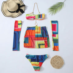 Colorful Print Glove O Ring Chain Trim Halter Brazilian One Piece Swimsuit