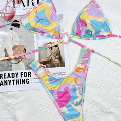 Colorful Print High Cut Halter Triangle Brazilian Two Piece Bikini
