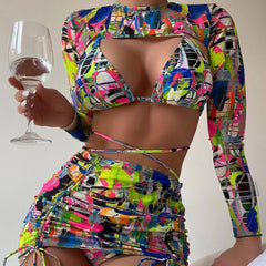 Colorful Printed Wrap Slide Triangle Brazilian Four Piece Bikini