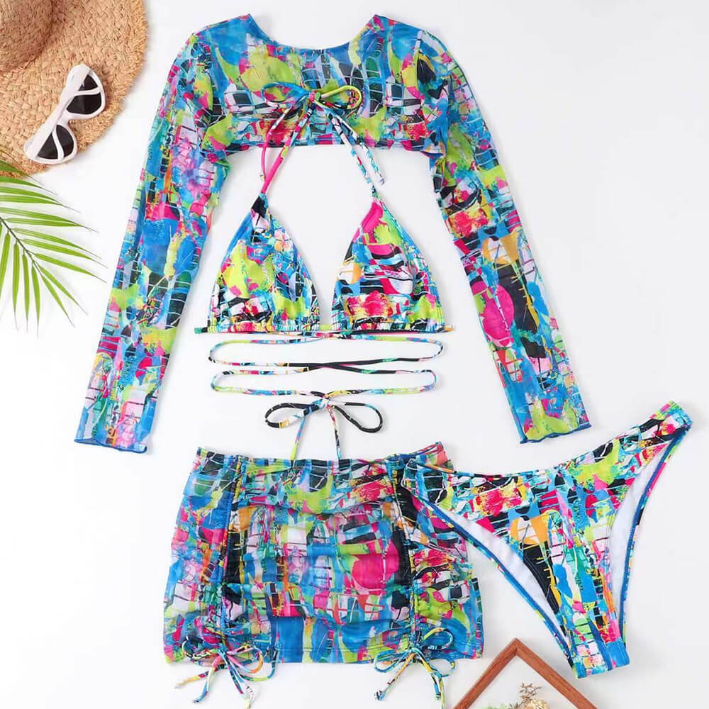 Colorful Printed Wrap Slide Triangle Brazilian Four Piece Bikini