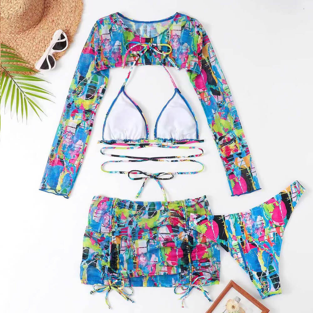 Colorful Printed Wrap Slide Triangle Brazilian Four Piece Bikini