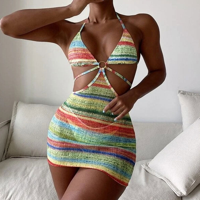 Colorful Sheer Striped Print Cut Out Halter High Cut Brazilian Two Piece Bikini