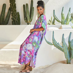Colorful Tie Dye Print V Neck Short Sleeve Brazilian Caftan Cover Up Maxi Dress