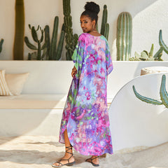 Colorful Tie Dye Print V Neck Short Sleeve Brazilian Caftan Cover Up Maxi Dress