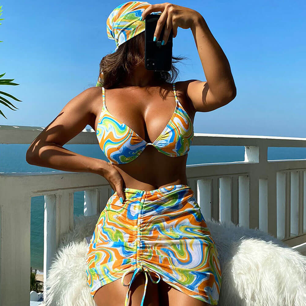 Colorful Wavy String Cheeky Underwire Brazilian Three Piece Bikini