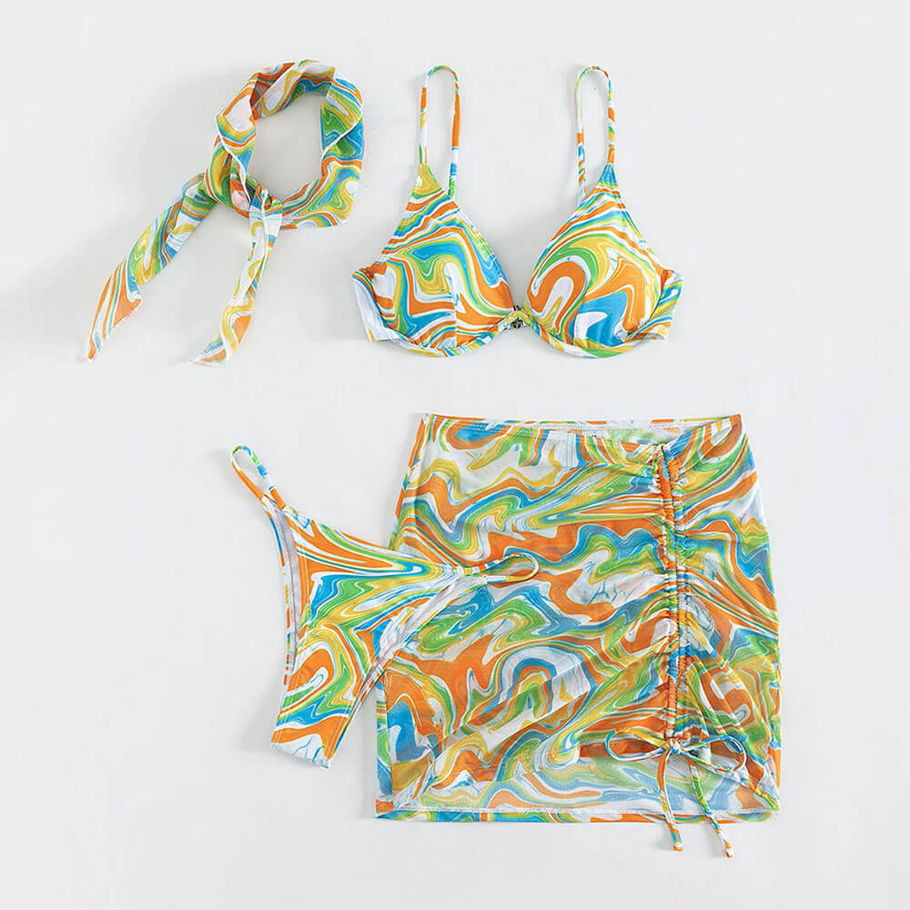 Colorful Wavy String Cheeky Underwire Brazilian Three Piece Bikini
