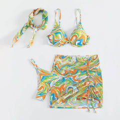 Colorful Wavy String Cheeky Underwire Brazilian Three Piece Bikini