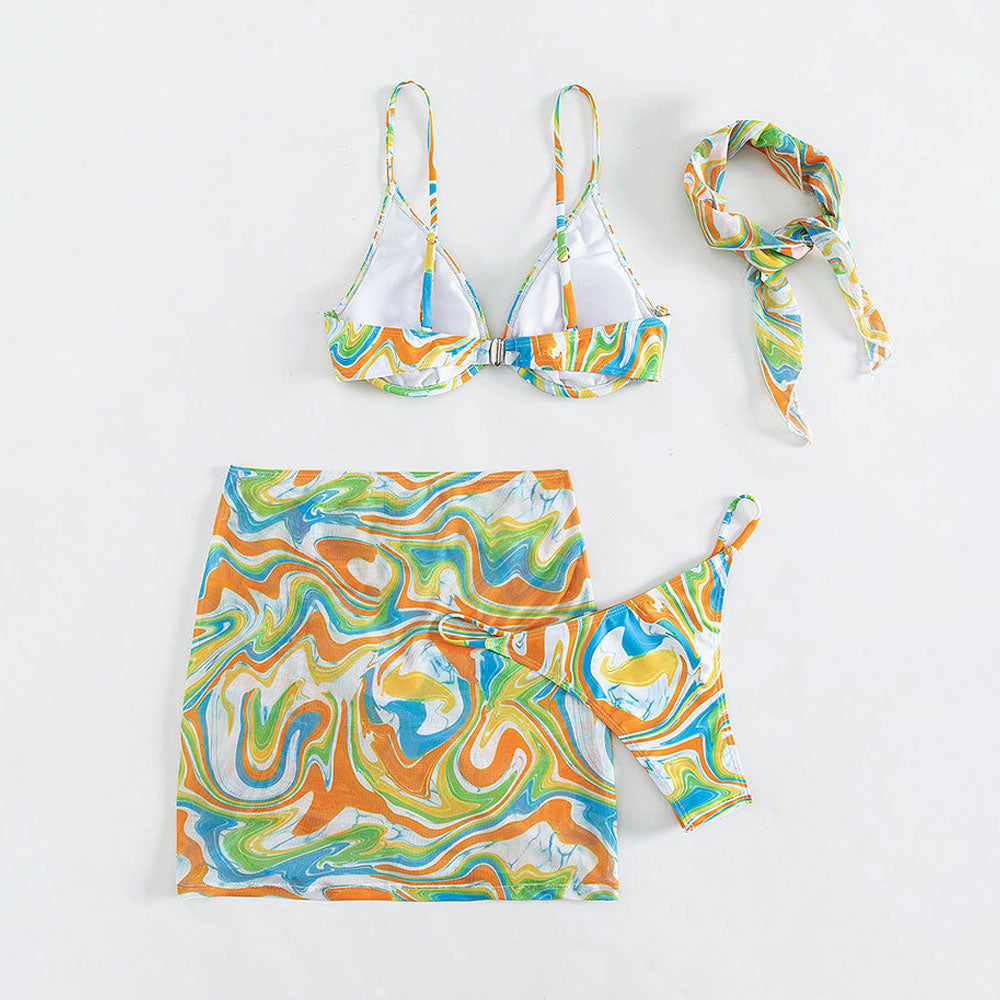 Colorful Wavy String Cheeky Underwire Brazilian Three Piece Bikini