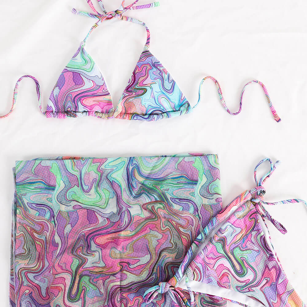 Colorful Wavy Tie String Cheeky Halter Triangle Brazilian Three Piece Bikini
