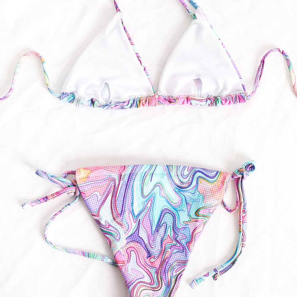 Colorful Wavy Tie String Cheeky Halter Triangle Brazilian Three Piece Bikini