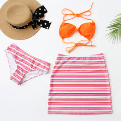 Contrast Color Stripe Print Slide Triangle Brazilian Three Piece Bikini