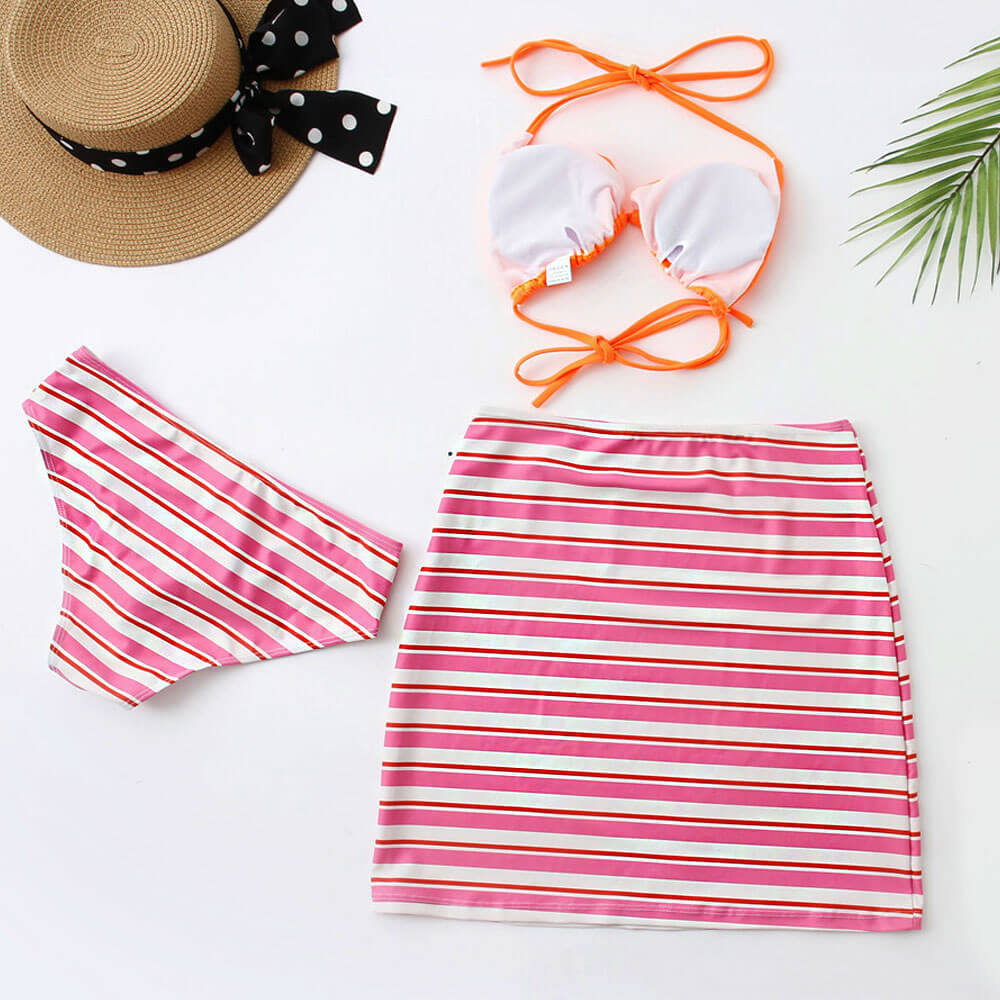 Contrast Color Stripe Print Slide Triangle Brazilian Three Piece Bikini