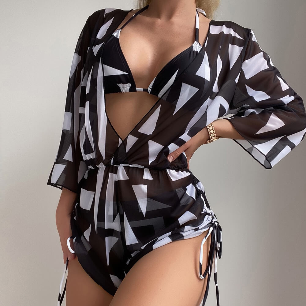 Contrast Printed Cover Up Triangle Brazilian Three Piece Bikini