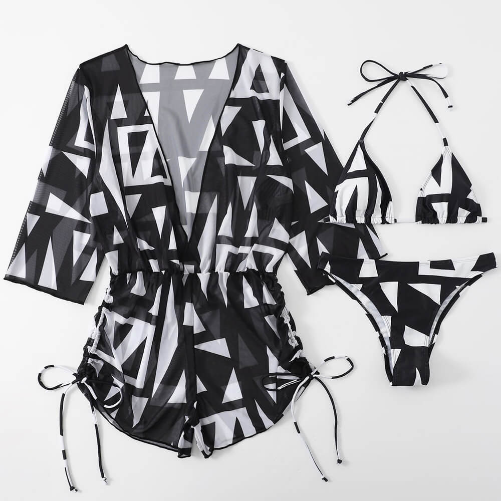Contrast Printed Cover Up Triangle Brazilian Three Piece Bikini