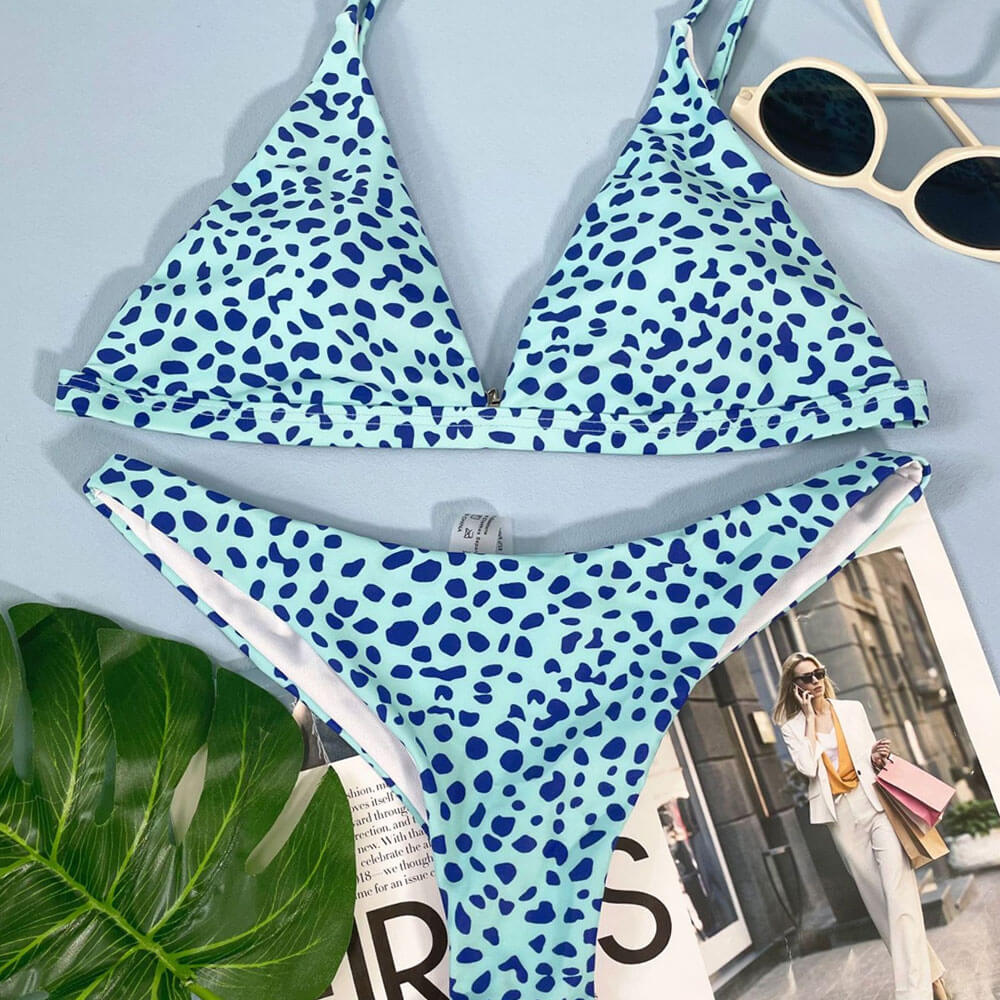 Contrasting Dotted Print High Cut Triangle Brazilian Two Piece Bikini