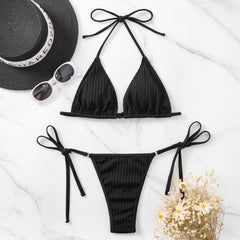 Crystal String Thong Tie Side Ribbed Slide Triangle Brazilian Two Piece Bikini