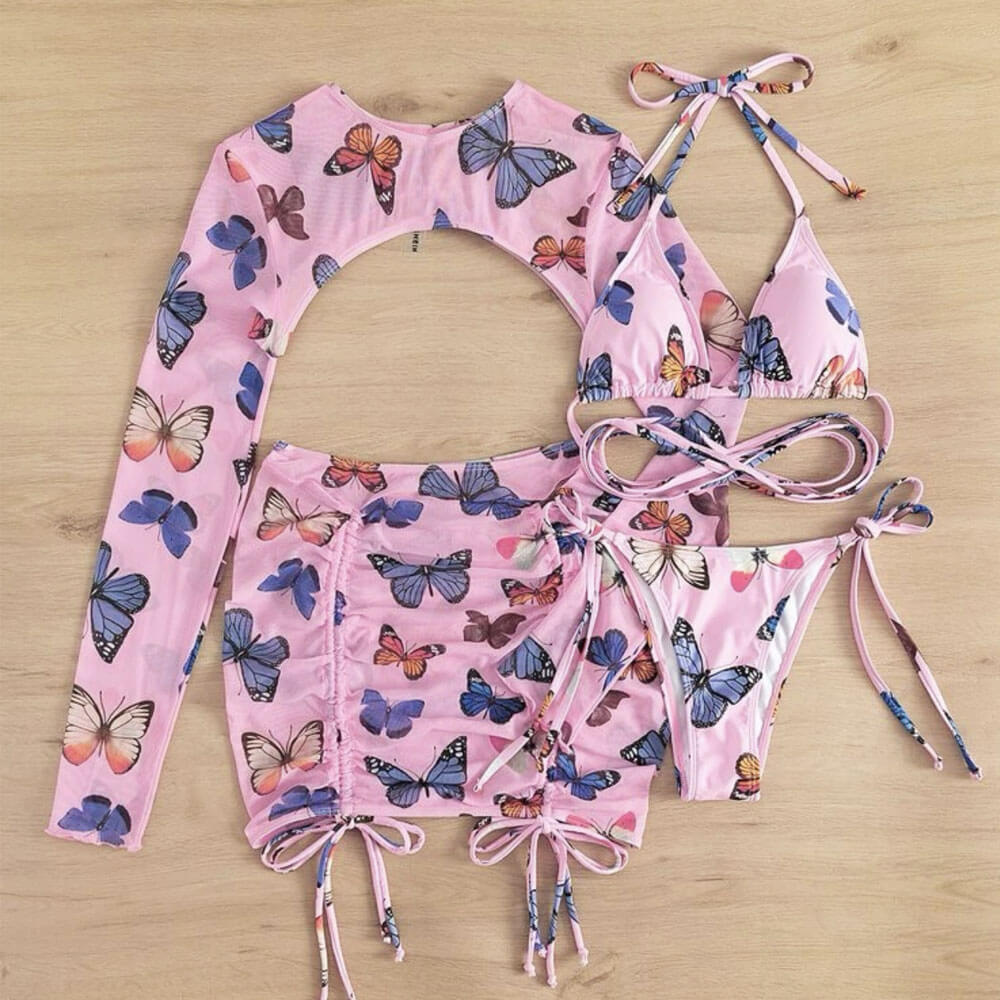 Cute Butterfly Print Slide Triangle Brazilian Four Piece Bikini