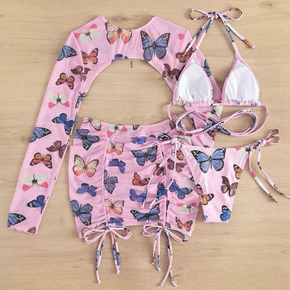 Cute Butterfly Print Slide Triangle Brazilian Four Piece Bikini
