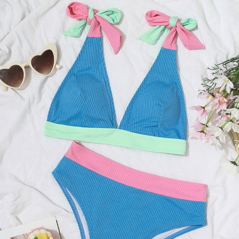 Cute Contrast Block V Neck Tie Strap Brazilian Two Piece Bikini