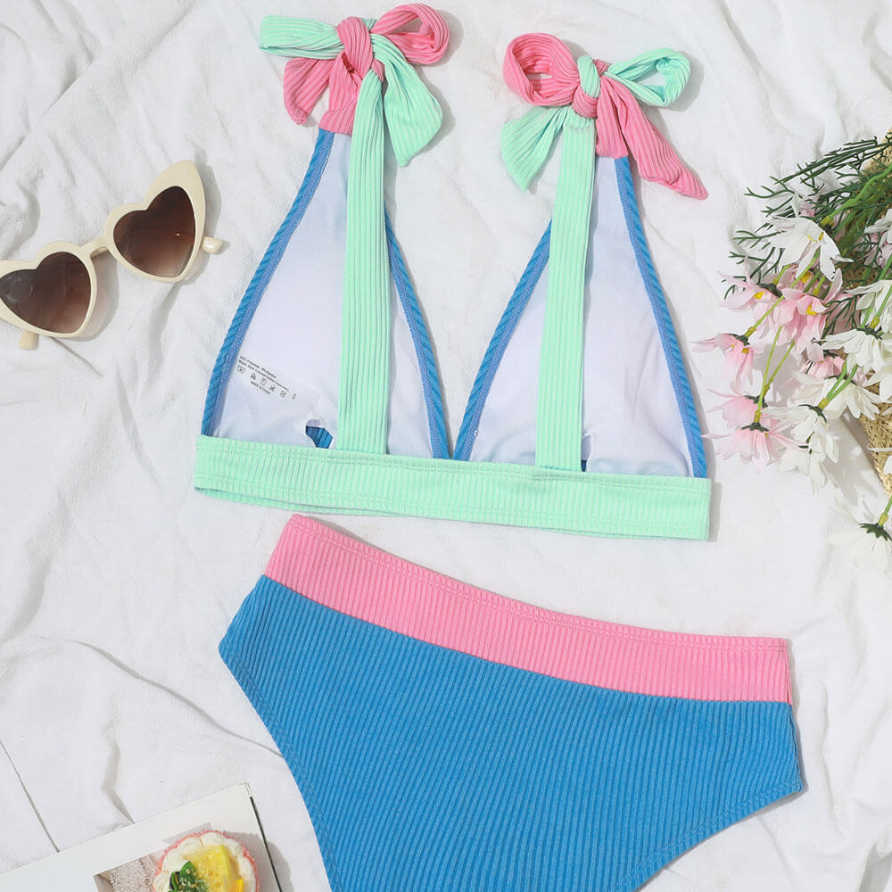 Cute Contrast Block V Neck Tie Strap Brazilian Two Piece Bikini