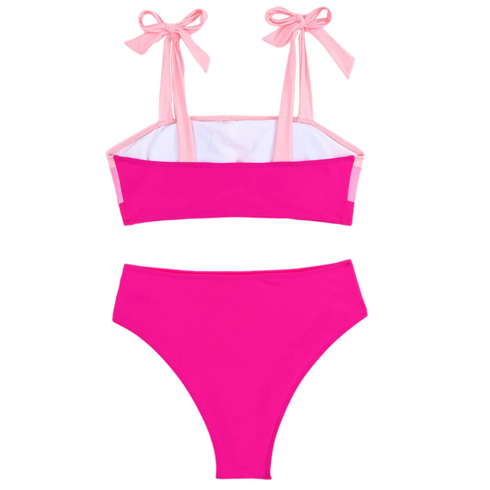 Cute Contrast Moderate High Waist Tie Shoulder Brazilian Two Piece Bikini