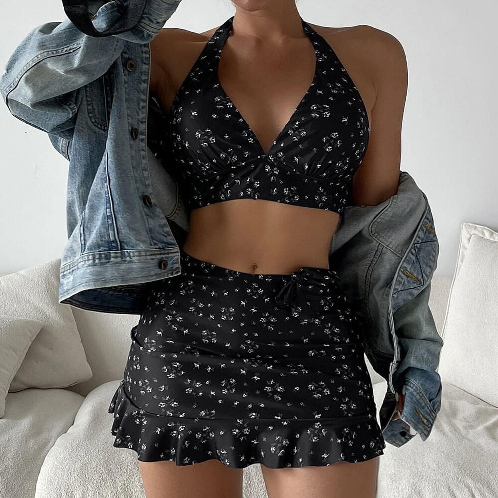Cute Ditsy Printed Halter Triangle Brazilian Three Piece Bikini
