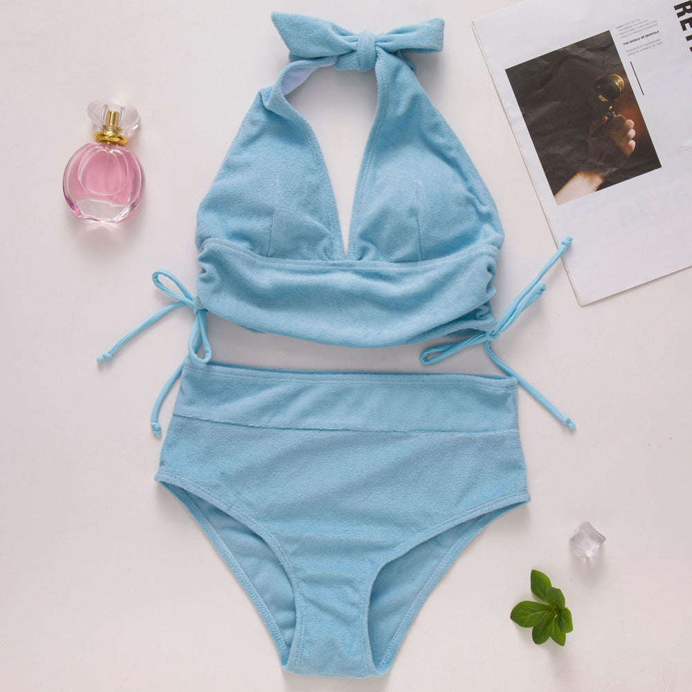 Cute Drawstring Tie Ruched Terry Halter Brazilian Two Piece Bikini