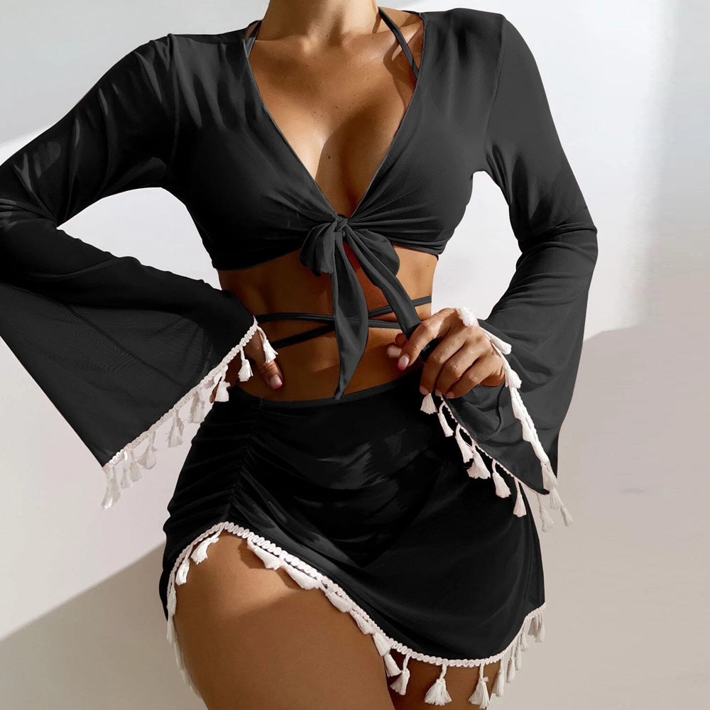 Cute Fringe Wrap String Slide Triangle Brazilian Four Piece Bikini