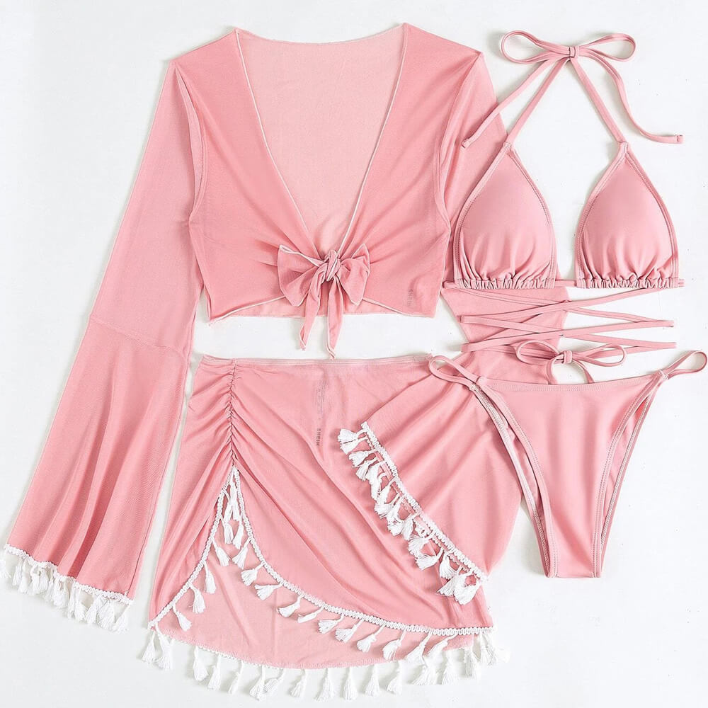 Cute Fringe Wrap String Slide Triangle Brazilian Four Piece Bikini