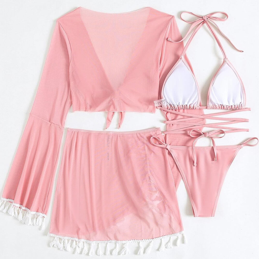 Cute Fringe Wrap String Slide Triangle Brazilian Four Piece Bikini
