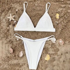 Cute Rib Knit Bead Trim String Cheeky Triangle Brazilian Two Piece Bikini