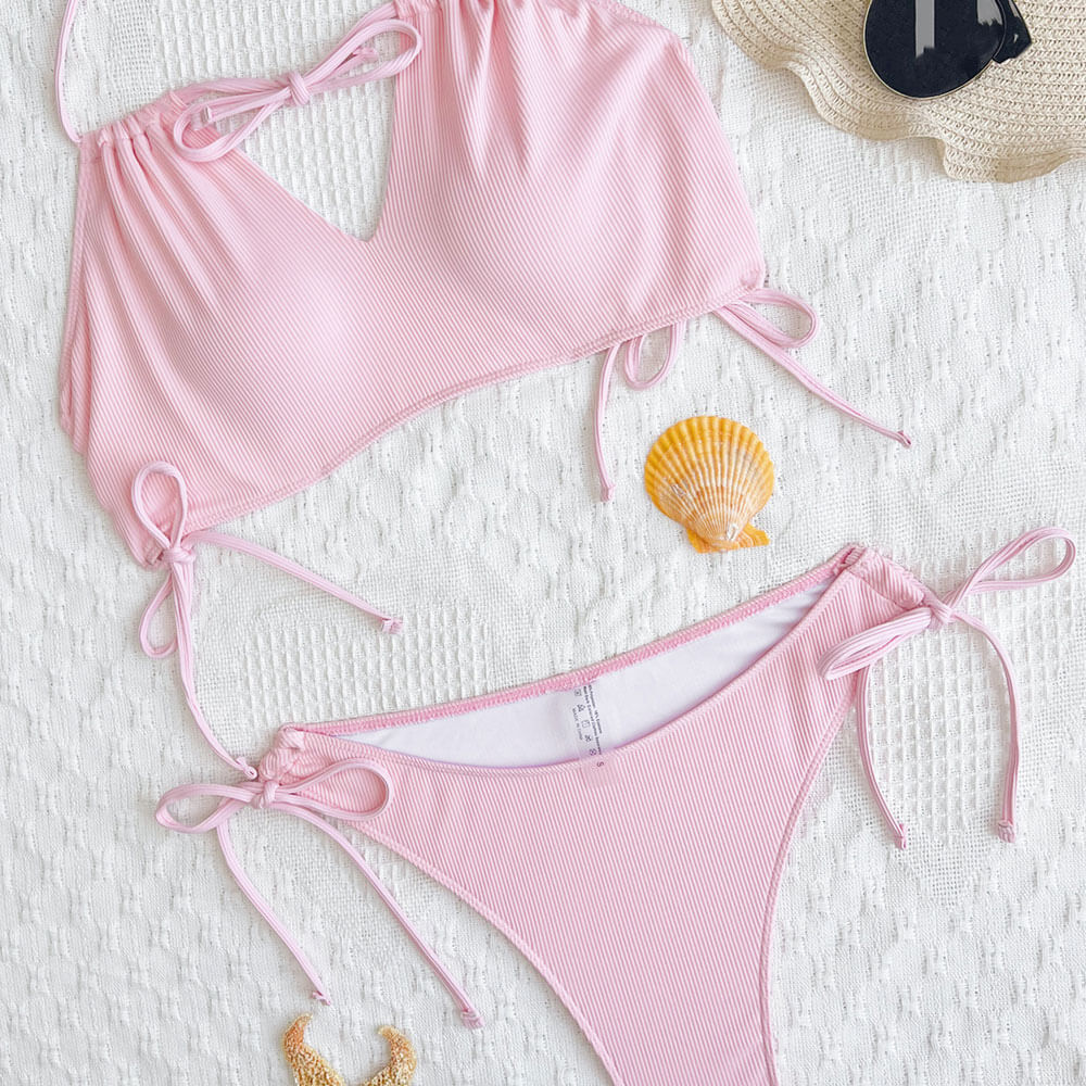 Cute Rib Knit Tie String Cheeky High Cut Keyhole Halter Brazilian Two Piece Bikini