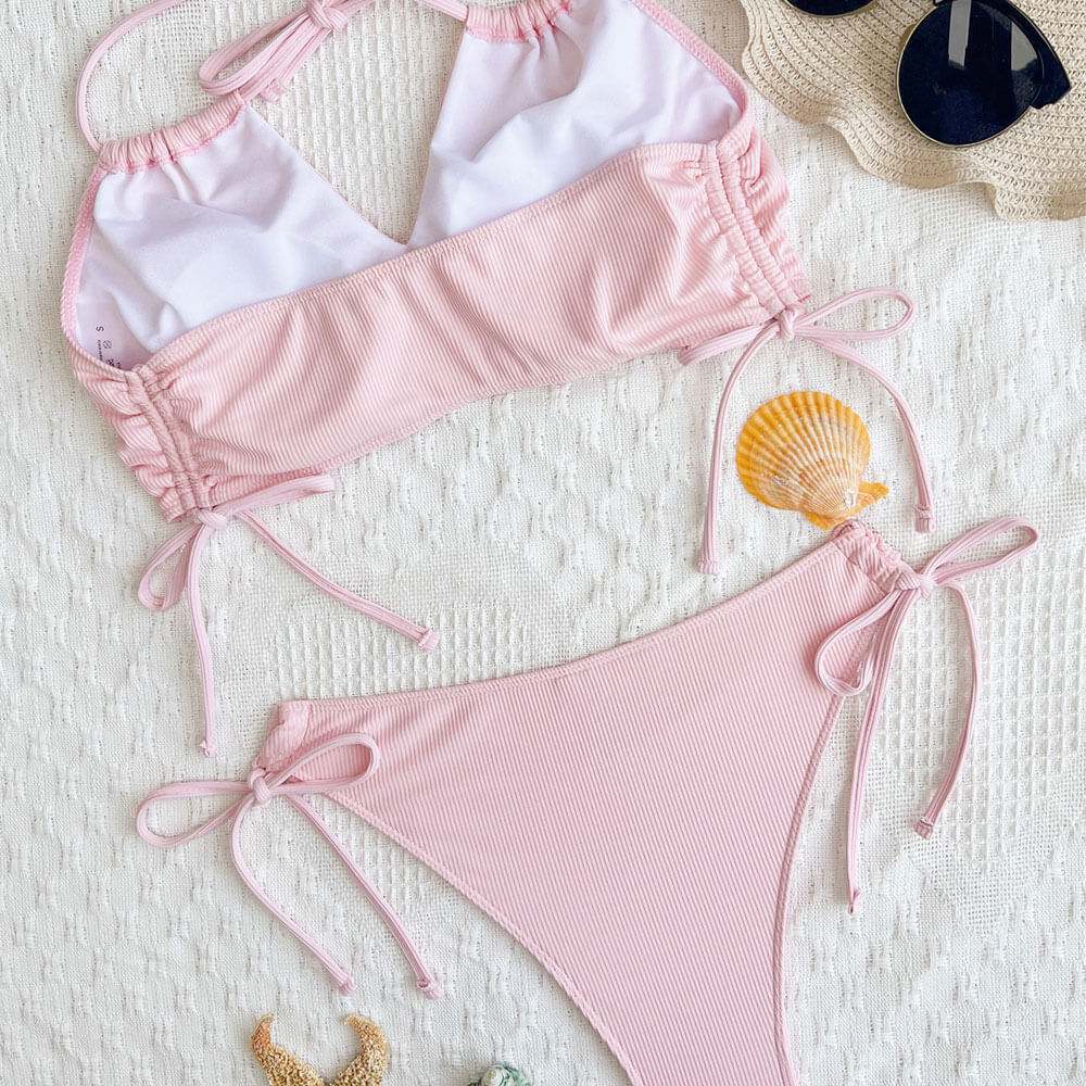 Cute Rib Knit Tie String Cheeky High Cut Keyhole Halter Brazilian Two Piece Bikini