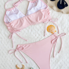 Cute Rib Knit Tie String Cheeky High Cut Keyhole Halter Brazilian Two Piece Bikini