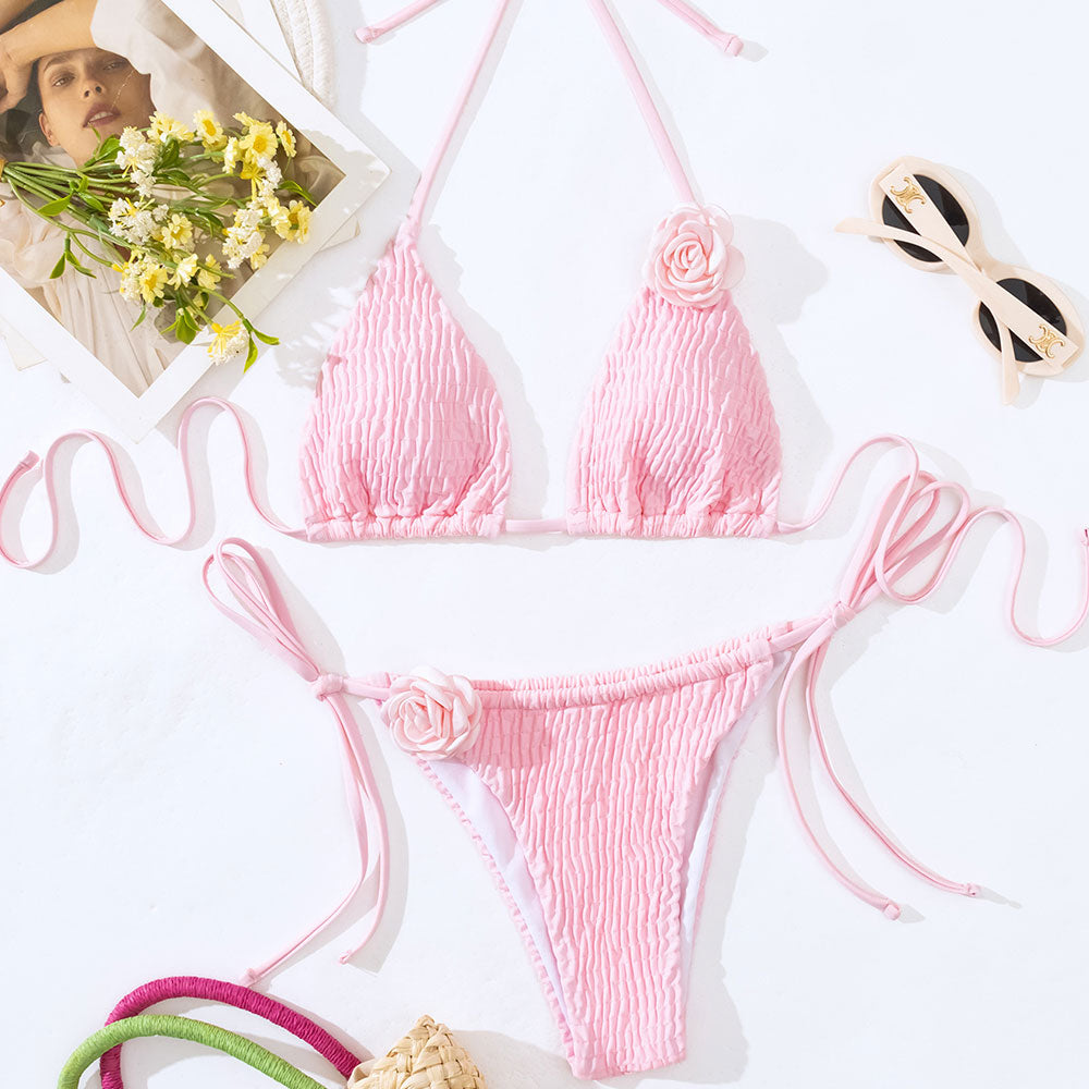 Cute Rosette Tie String Cheeky Popcorn Triangle Brazilian Two Piece Bikini