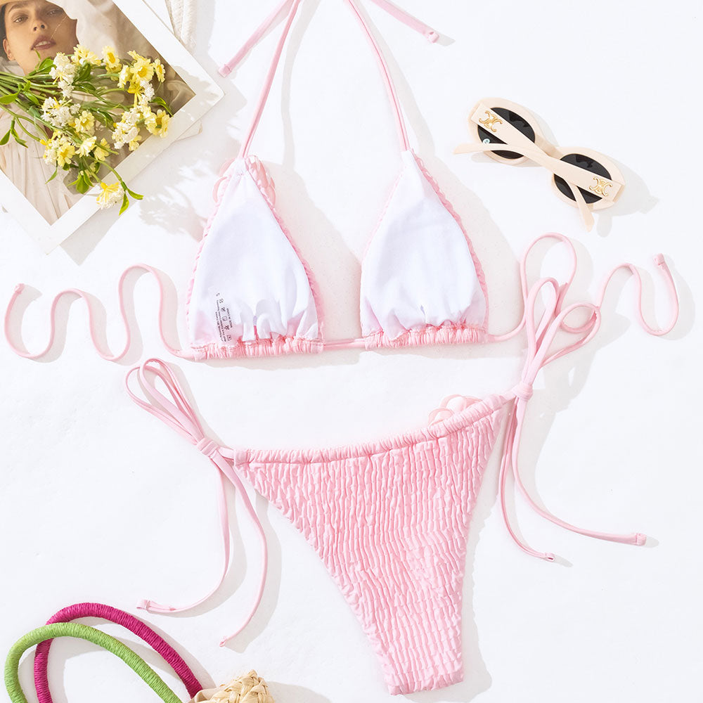 Cute Rosette Tie String Cheeky Popcorn Triangle Brazilian Two Piece Bikini