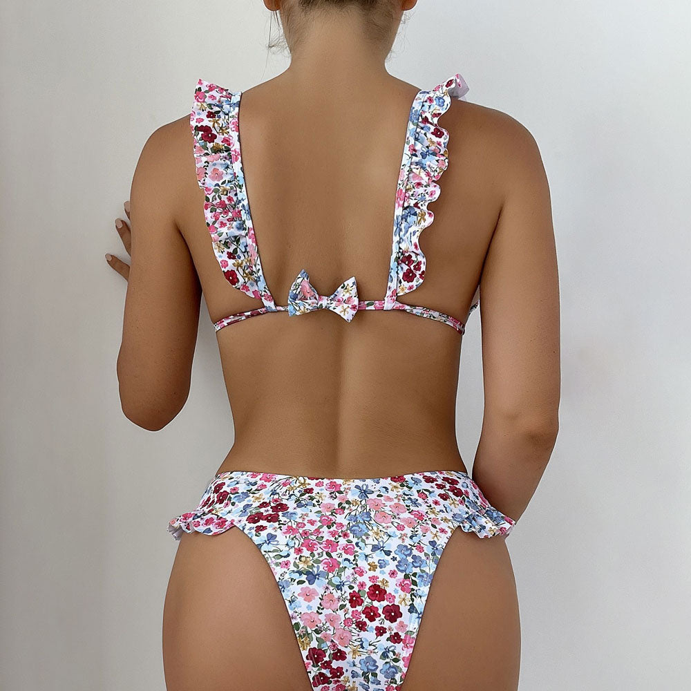 Cute Ruffle Bow Tie Front Ditsy Floral Triangle Brazilian Two Piece Bikini