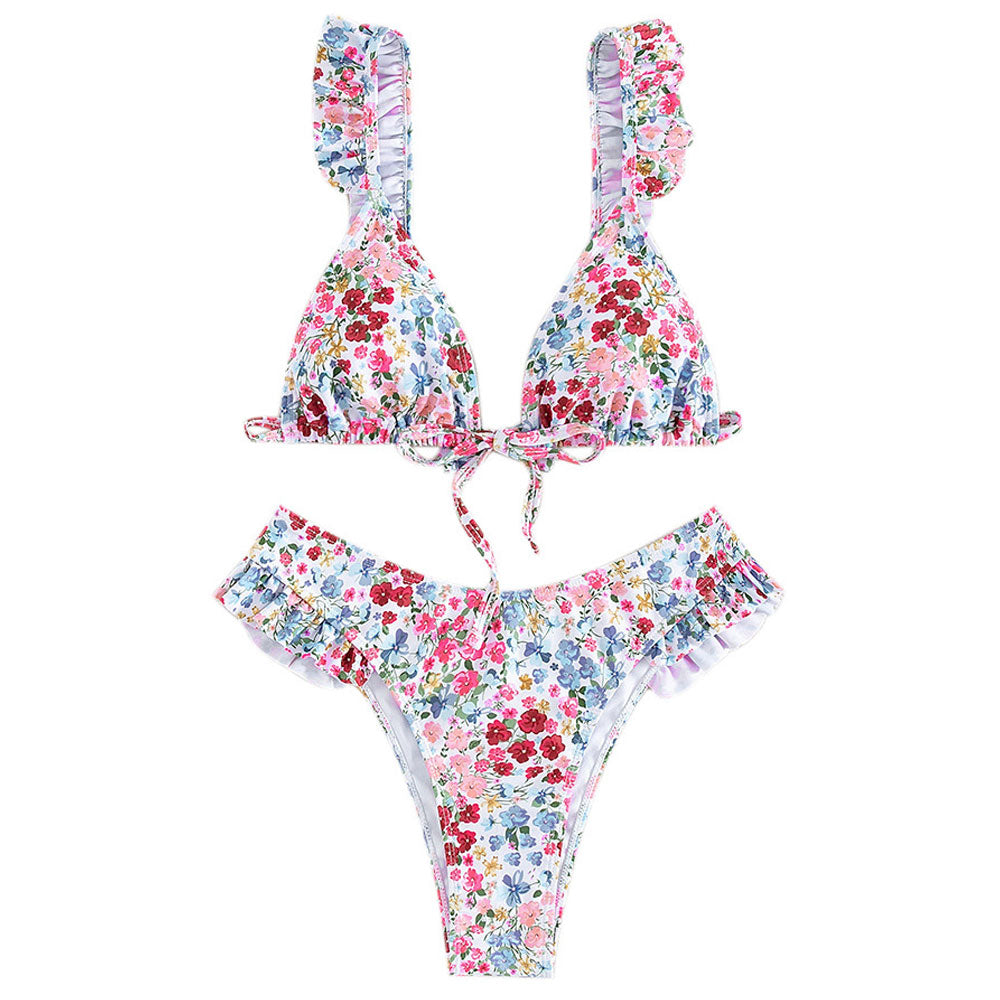 Cute Ruffle Bow Tie Front Ditsy Floral Triangle Brazilian Two Piece Bikini