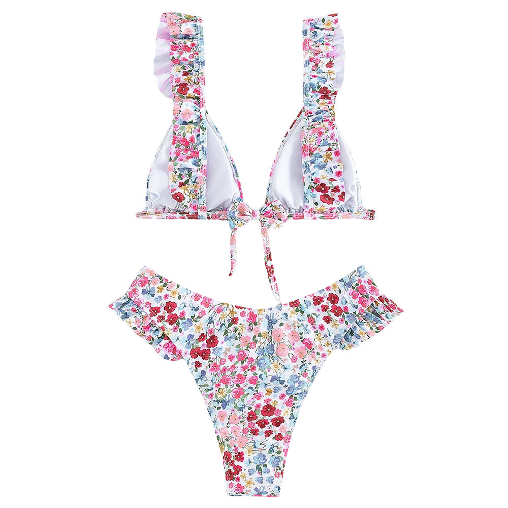 Cute Ruffle Bow Tie Front Ditsy Floral Triangle Brazilian Two Piece Bikini