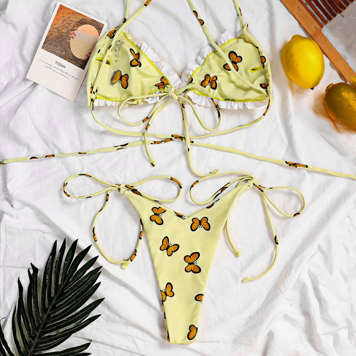 Cute Ruffle Butterfly Print String Triangle Brazilian Two Piece Bikini