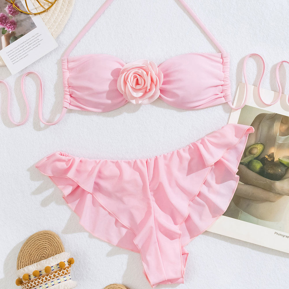 Cute Ruffle Moderate Rosette Trim Bralette Brazilian Two Piece Bikini