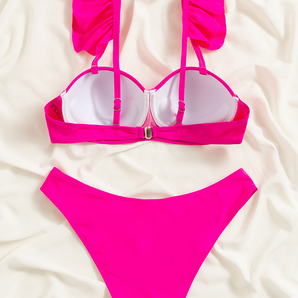 Cute Solid Color High Cut Ruffle Underwire Brazilian Two Piece Bikini
