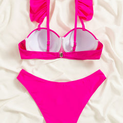 Cute Solid Color High Cut Ruffle Underwire Brazilian Two Piece Bikini